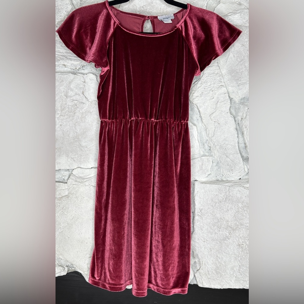 Old Navy | Girls Stretchy Cranberry Velour Flutter Short Sleeve Dress, Size 8